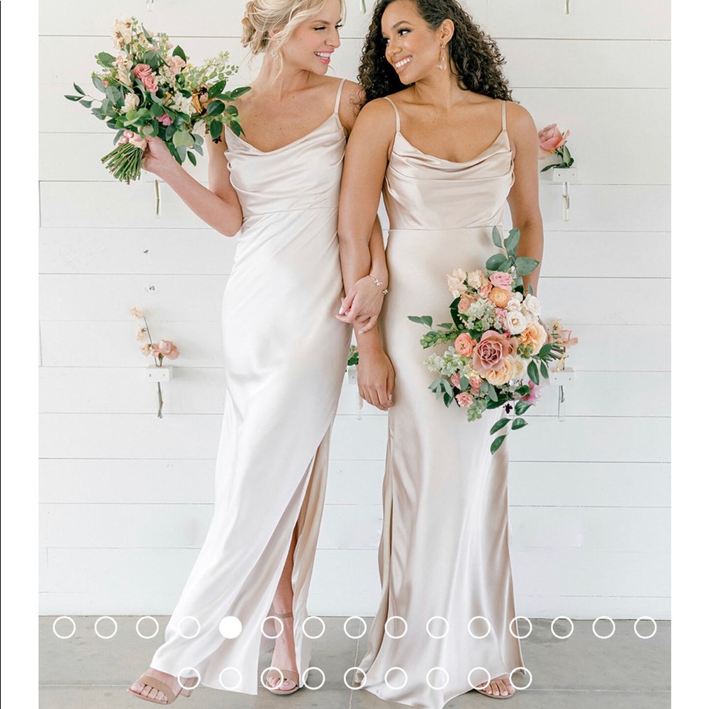 Satin revelry bridesmaid dress in champagne gold (703 color on Revelry website)
